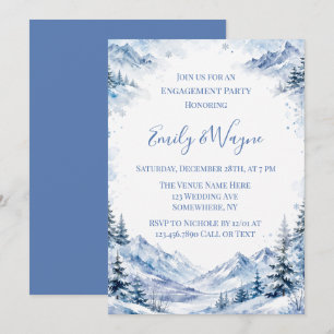Blue Snowy Watercolor Mountains Engagement Party Invitation