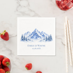 Blue Snowy Watercolor Mountains Wedding Napkin