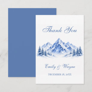 Blue Snowy Watercolor Mountains Wedding Thank You Card