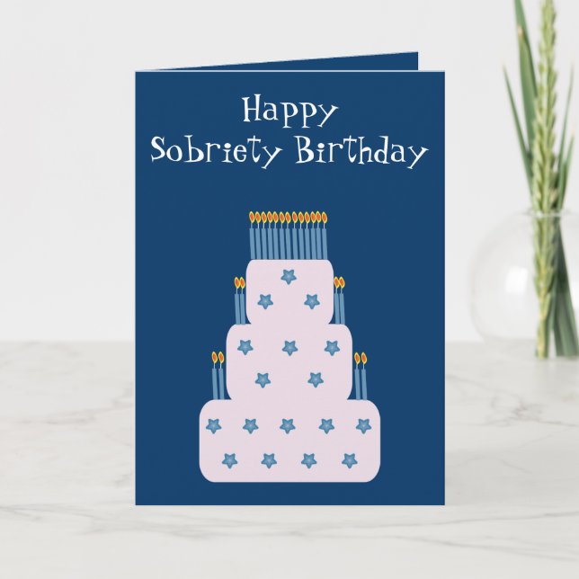 Blue Sobriety Birthday Greeting Card With Cake (Front)
