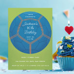 Blue Soccer Ball Birthday Party Invitation<br><div class="desc">Customise the text for your child's birthday or other soccer futbol themed event. Original illustration by Becky Nimoy. Background colour on front and back are editable. Blue,  green and orange; background colours are editable</div>