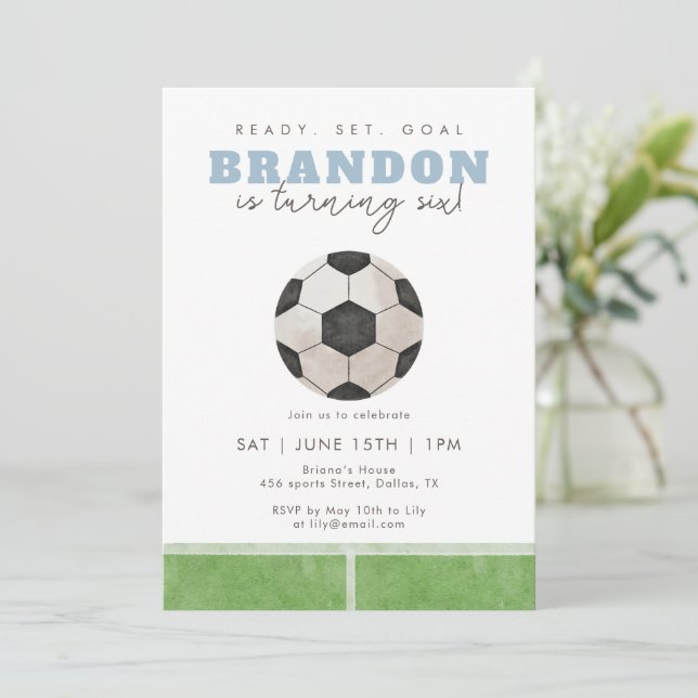 Blue Soccer Ball Boys 6th Birthday Party Sports Invitation (Standing Front)