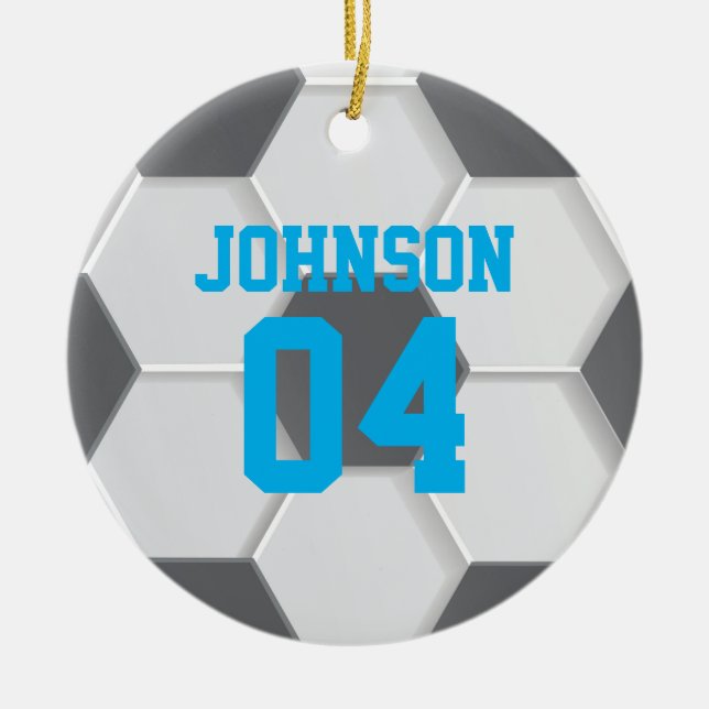 Blue Soccer Ball Christmas Ceramic Tree Decoration (Front)