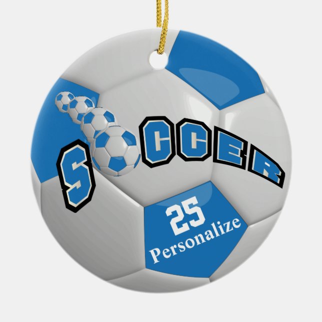 Blue Soccer Ball | Personalize Ceramic Tree Decoration (Front)