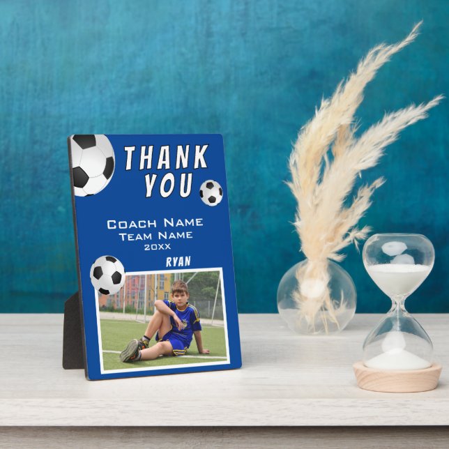 Blue Soccer Football Ball Sports Coach Thank you Plaque (Side)