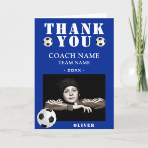 Blue Soccer Football Sports Photo Coach Thank You Card