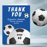 Blue Soccer Football Sports Thank you Coach Card<br><div class="desc">Blue Soccer Football Sports Thank you Coach Card. Soccer thank you coach card with coach name,  team name,  year,  player`s name and number. Great thank you card for the soccer team coach!</div>