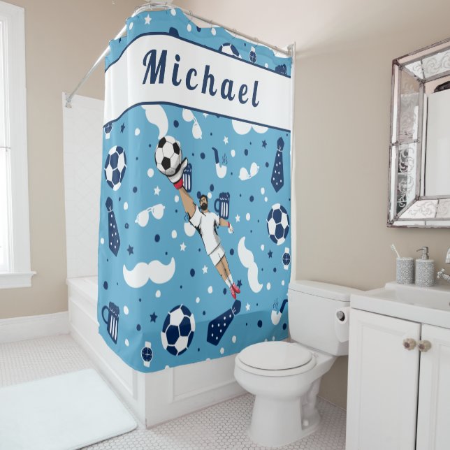 Blue Soccer Goalie Goalkeeper Player's Kid's Name  Shower Curtain (In Situ)