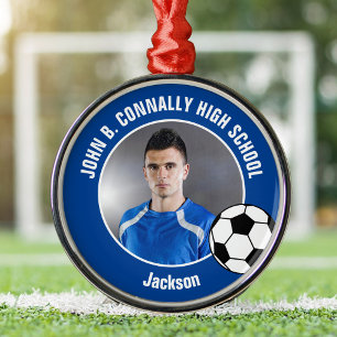Blue Soccer Player Photo High School Christmas Metal Tree Decoration