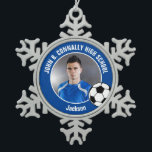 Blue Soccer Player Photo High School Spirit Snowflake Pewter Christmas Ornament<br><div class="desc">This cool customized high school soccer player photo gift features white typography of your team and player name on a blue Christmas ornament with a soccer ball. Personalize with your student's photograph and class year as a proud futbol parent for a commemorative keepsake.</div>