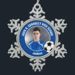 Blue Soccer Player Photo High School Spirit Snowflake Pewter Christmas Ornament<br><div class="desc">This cool customized high school soccer player photo gift features white typography of your team and player name on a blue Christmas ornament with a soccer ball. Personalize with your student's photograph and class year as a proud futbol parent for a commemorative keepsake.</div>