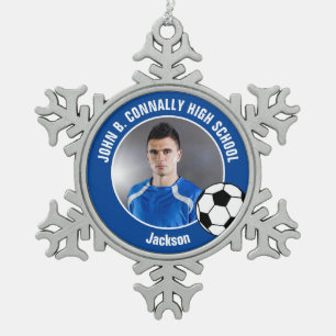 Blue Soccer Player Photo High School Spirit Snowflake Pewter Christmas Ornament