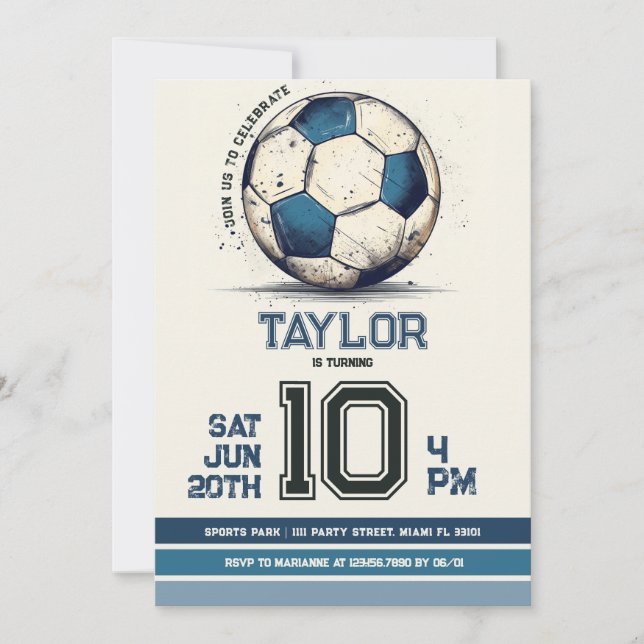 Blue Soccer Sports Boy Jersey Kids Birthday Party Invitation (Front)