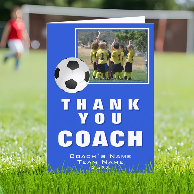 Blue Soccer Thank you Coach Team Photo Card (Creator Uploaded)