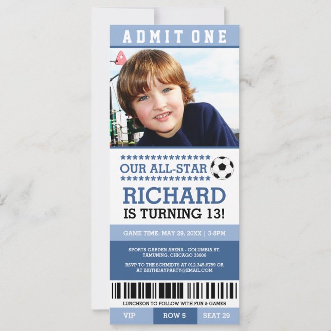 Blue Soccer Ticket Birthday Invites (Front)