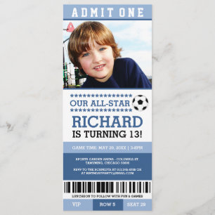 Blue Soccer Ticket Birthday Invites