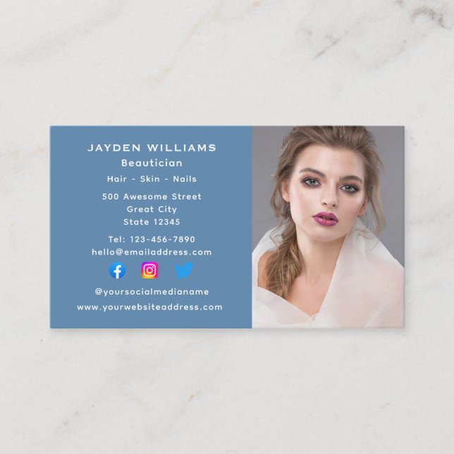 Blue Social Media Beautician Cosmetologist Photo Business Card (Front)