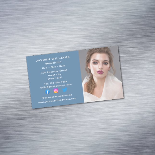 Blue Social Media Beautician Cosmetologist Photo Magnetic Business Card (In Situ)