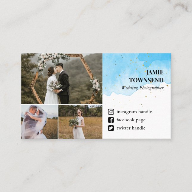 Blue Social Media Photo Collage Photographer Business Card (Front)