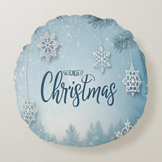 Blue Soft & Calm Christmas Snow Crystal Design-  Round Cushion (Front)