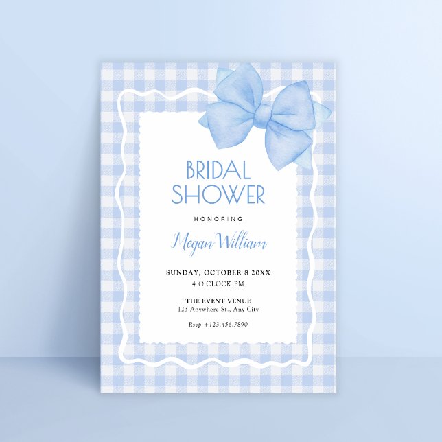 Blue soft plaid bow bridal shower invitation (Creator Uploaded)