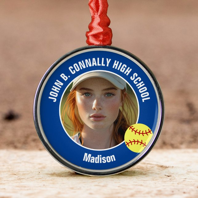 Blue Softball Player Photo High School Christmas Metal Tree Decoration (Creator Uploaded)