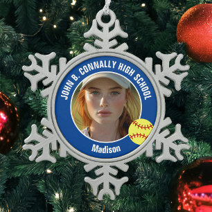 Blue Softball Player Photo High School Keepsake Snowflake Pewter Christmas Ornament