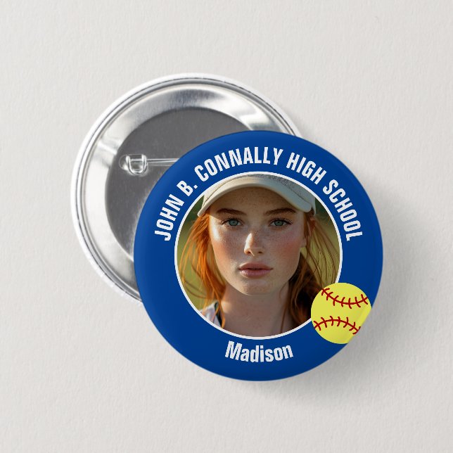 Blue Softball Player Photo High School Spirit 6 Cm Round Badge (Front & Back)