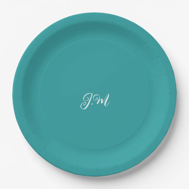 Blue solid colour trendy pastel initials name paper plate (Front)