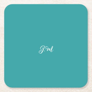 Blue solid colour trendy pastel initials name square paper coaster