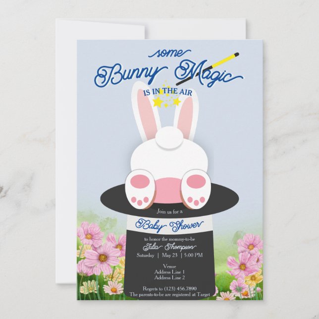 Blue Some Bunny Magic Hat Trick Garden Baby Shower Invitation (Front)