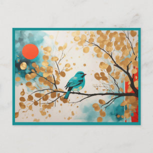 Blue Songbird On Golden Leaves Tree Branch Postcard