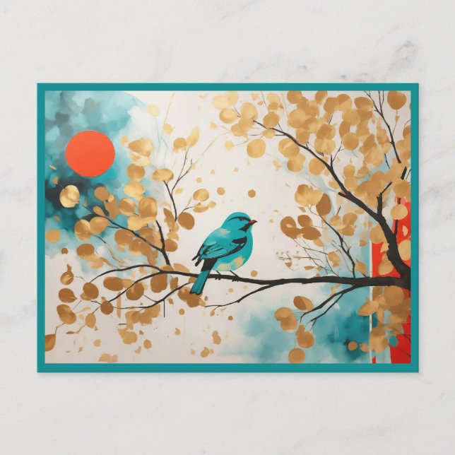 Blue Songbird On Golden Leaves Tree Branch Postcard (Front)