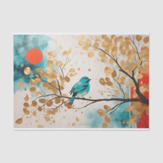 Blue Songbird On Golden Leaves Tree Branch Tissue Paper