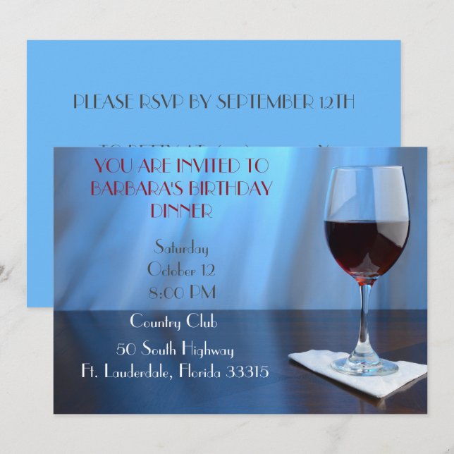 Blue Sophisticated Red wine birthday   Invitation (Front/Back)