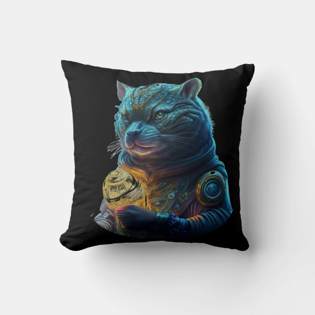 Blue Space Cat Astronaut Holds Glowing Module Cushion (Front)