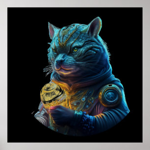 Blue Space Cat Astronaut Holds Glowing Module Poster