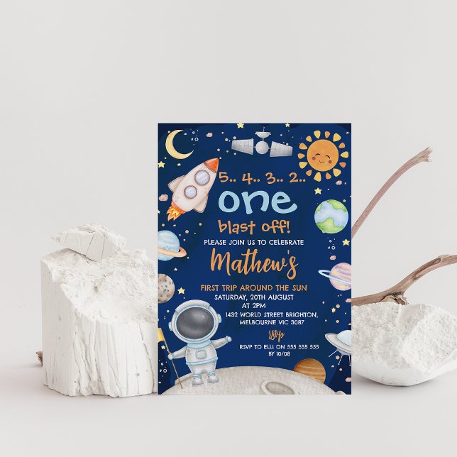 Blue Space First Trip Around Sun 1st Birthday Invitation (First trip around the sun 1st birthday invitation, Outer space birthday party invitation, blast off)