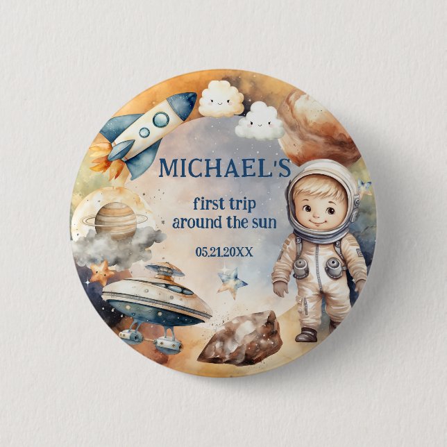 Blue Space First Trip Around The Sun Birthday 6 Cm Round Badge (Front)