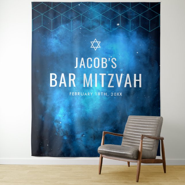 Blue Space Galaxy Bar Mitzvah Backdrop Tapestry (In Situ)