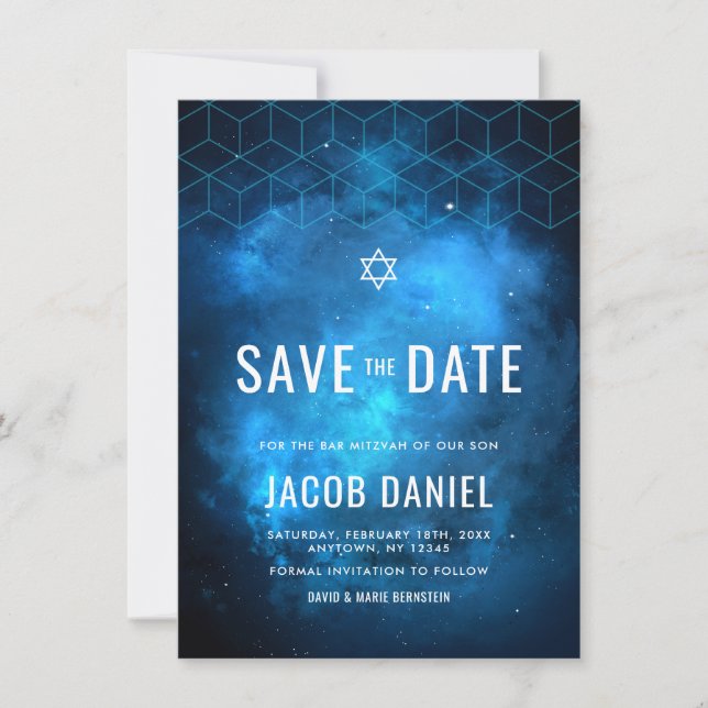 Blue Space Galaxy Bar Mitzvah Save The Date (Front)