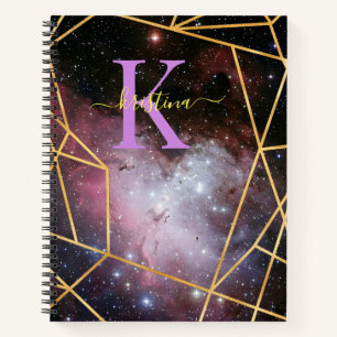 Blue Space Gold Glitter Sparkle Name Monogram Notebook
