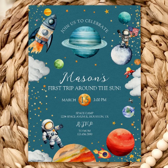 Blue Space Rocket & Astronaut 1st Trip Around Invitation (Creator Uploaded)