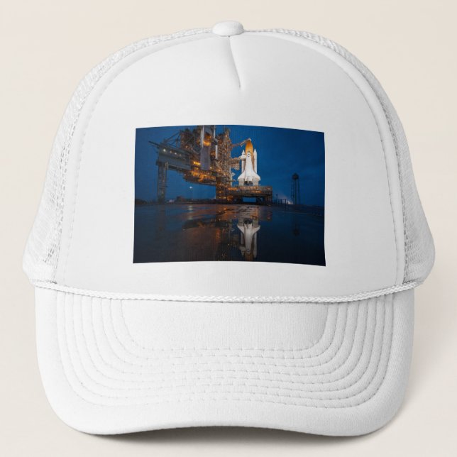 Blue Space Shuttle Spaceship on Launch Pad Trucker Hat (Front)