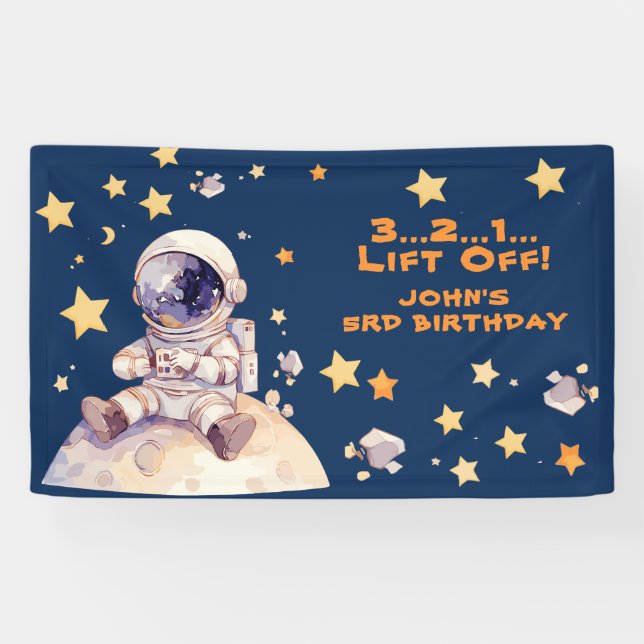 Blue Space Stars & Astronauts Kids birthday Banner (Horizontal)