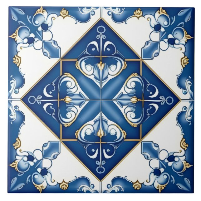 Blue Spanish Mediterranean Decorative Ceramic Tile (Front)