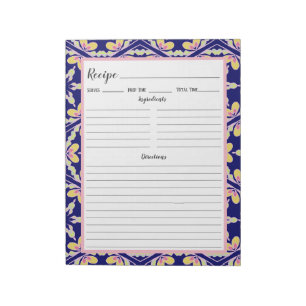 Blue Spanish Mediterranean Tile Pattern Recipe Notepad