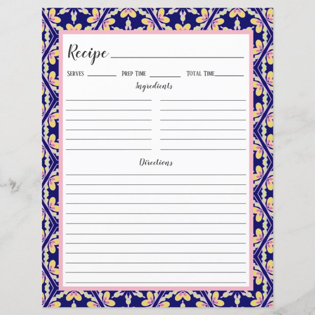 Blue Spanish Mediterranean Tile Recipe Binder Page (Front)