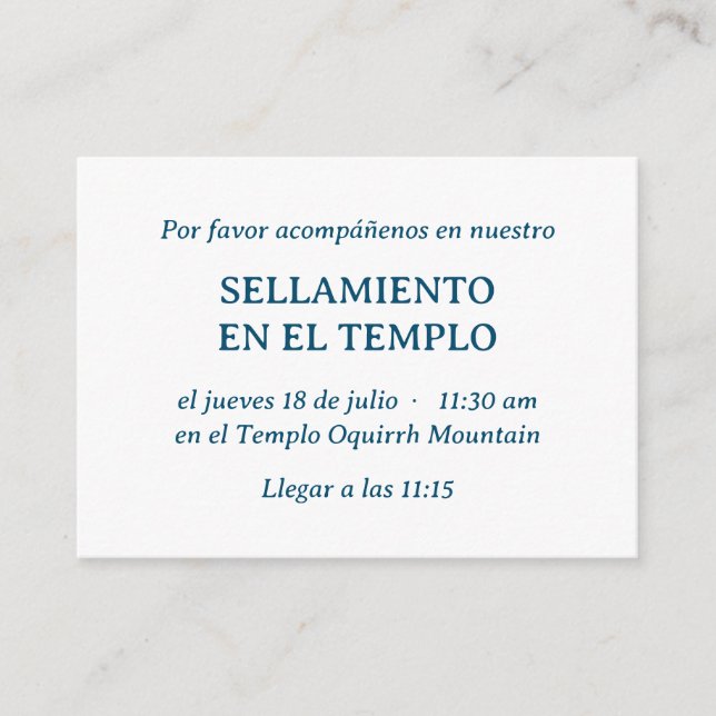 Blue Spanish Minimalist Temple Sealing Invitation (Front)