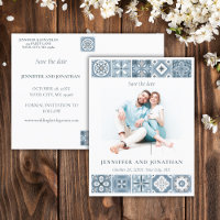 BLUE SPANISH TILES SAVE THE DATE POSTCARD